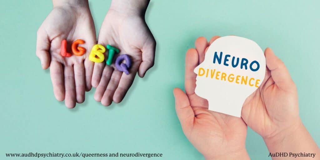 Hands holding LGBTQ letters and cutout showing neurodivergence symbolising correlation between neurodivergence and queerness