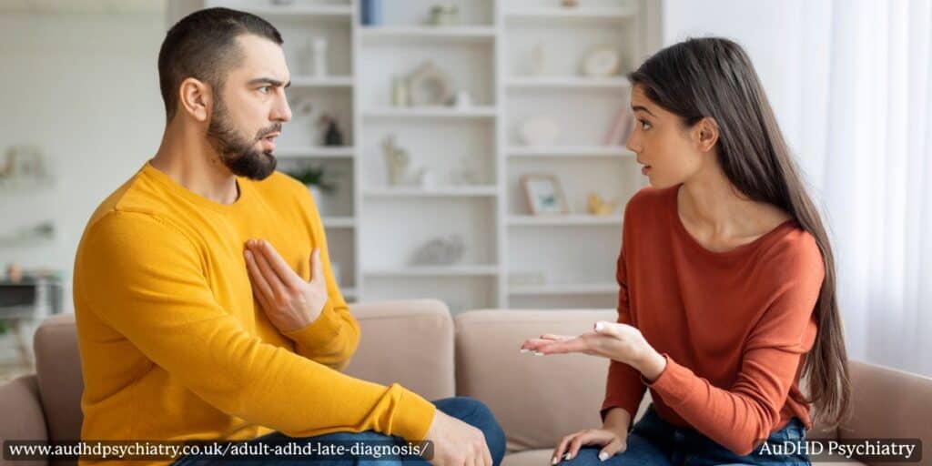 Couple in discussion illustrating relationship challenges from late ADHD diagnosis in adults