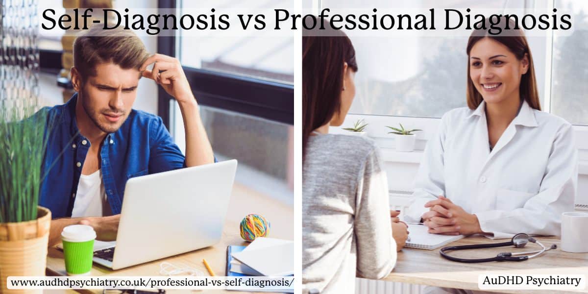 Split image comparing ADHD self diagnosis vs professional diagnosis