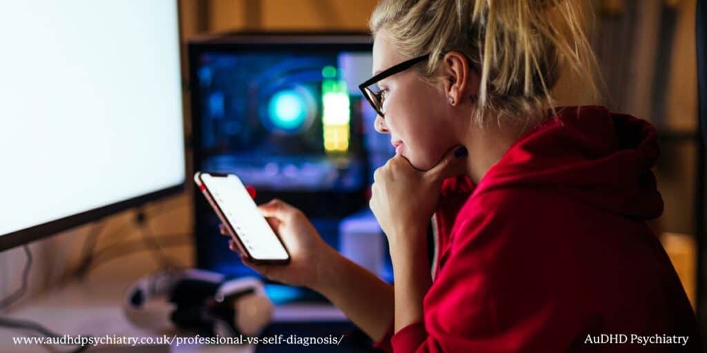 Woman researching ADHD symptoms online highlighting self diagnosis risks