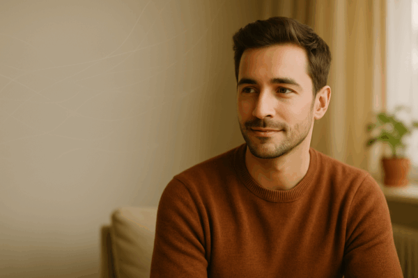 Warm, friendly adult sitting in a softly lit London room, representing trust and understanding in online ADHD and neurodiversity care.