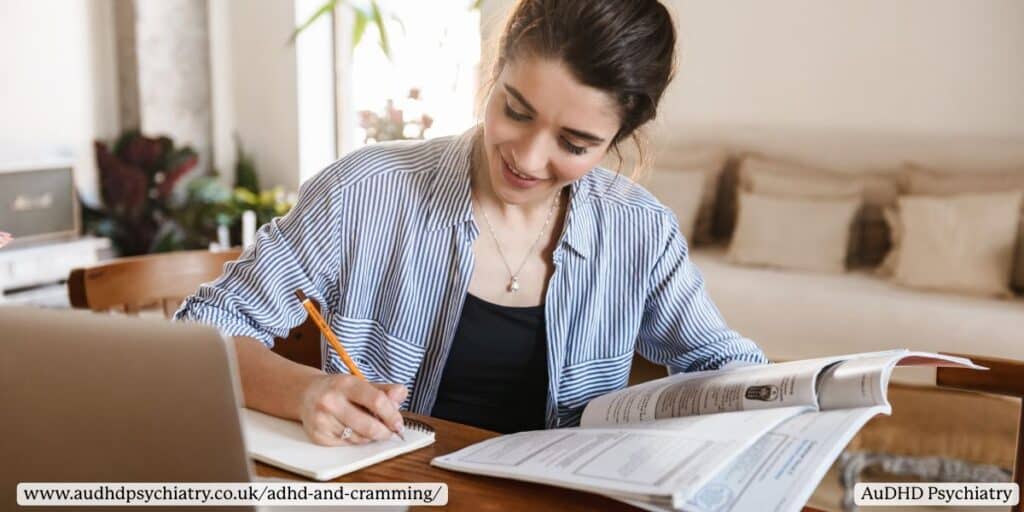 : Young woman studying from home with textbooks – ADHD and cramming productivity strategies