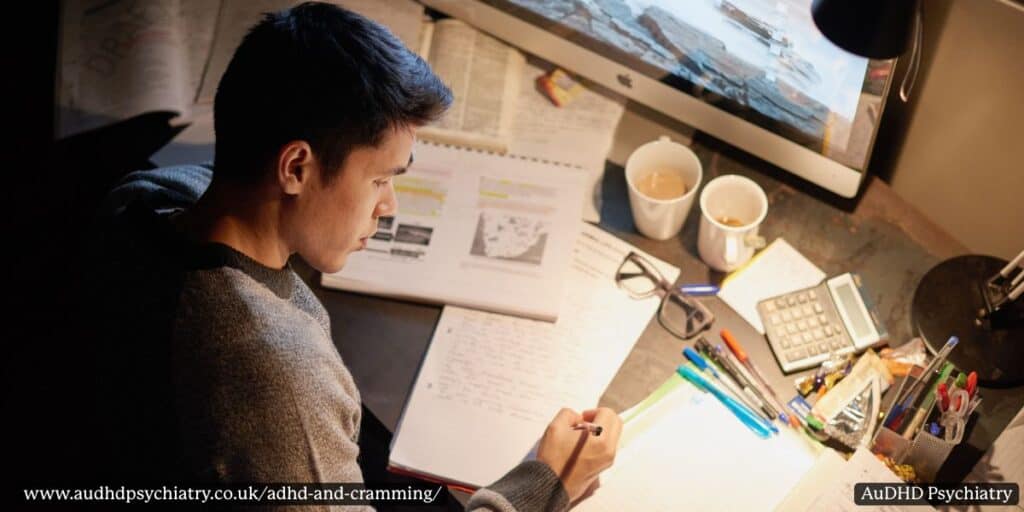 Student studying late at night with open books and notes – ADHD and cramming focus tips