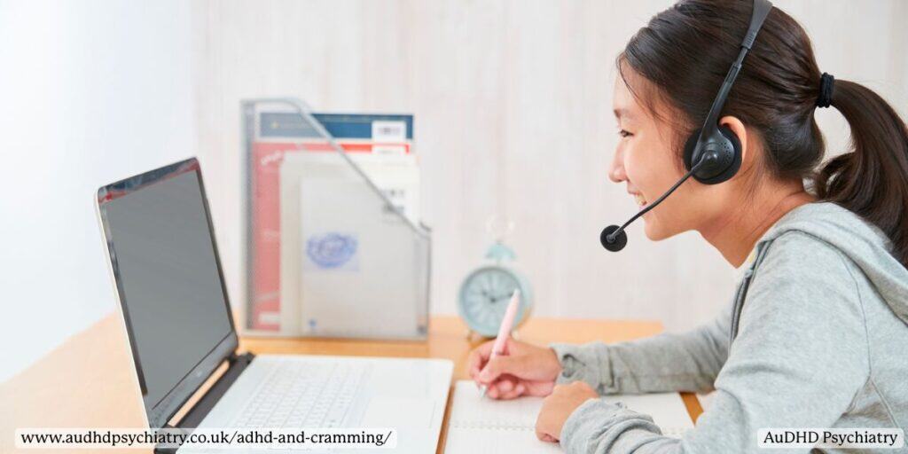 Student studying online with headset – ADHD and cramming tips for focused learning