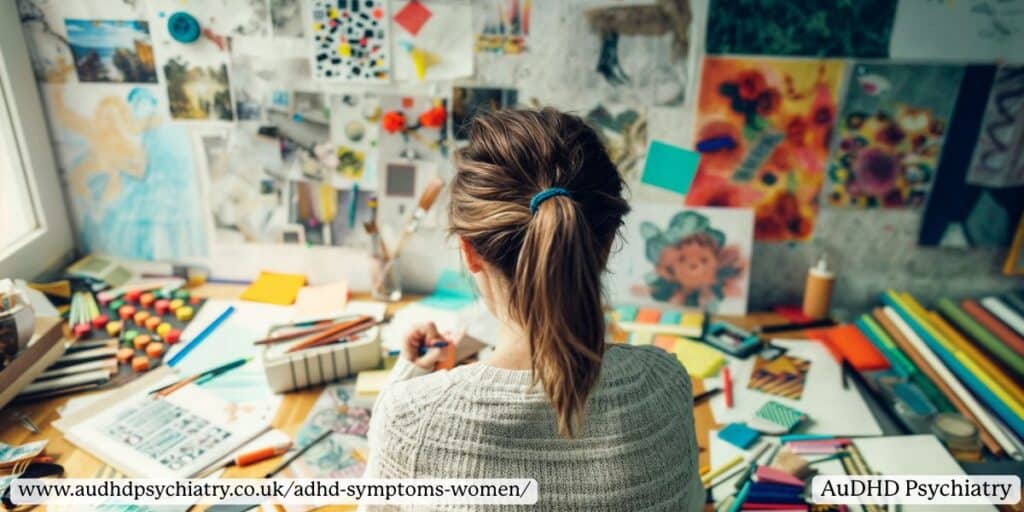 Woman surrounded by art materials – ADHD symptoms women with creative hyperfocus