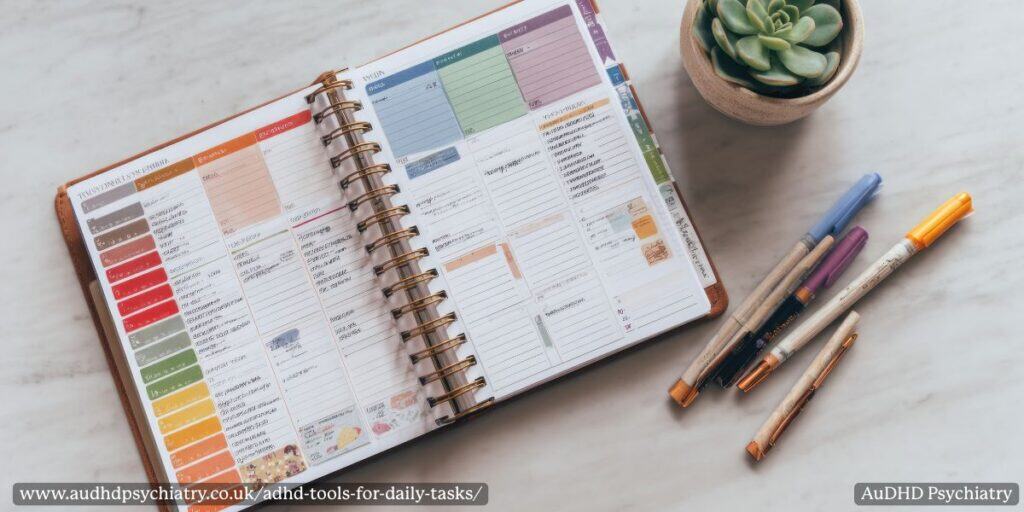 Colour-coded planner with pens and a succulent –  visual planners as ADHD tools for daily tasks and organisation
