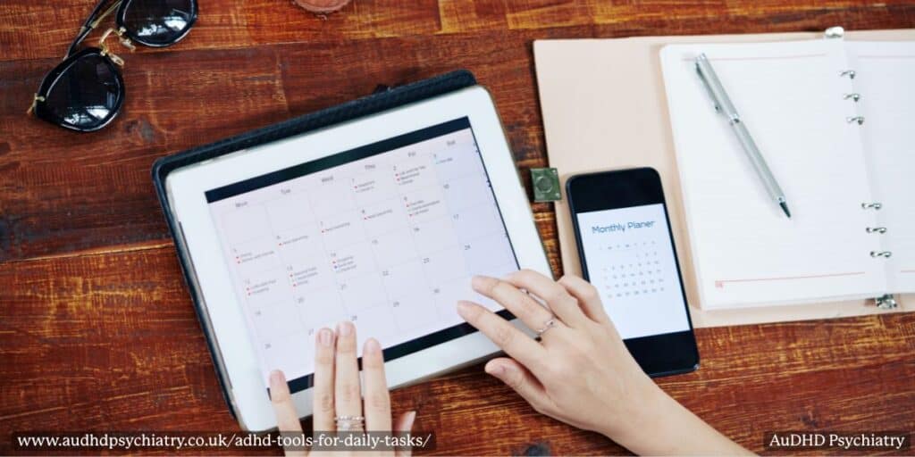 Digital calendar on tablet and phone with paper planner – ADHD tools for daily tasks and time management