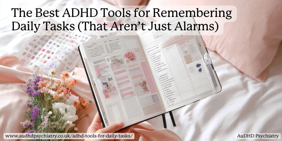 Open planner with floral decorations and checklists – ADHD tools for daily tasks blog cover