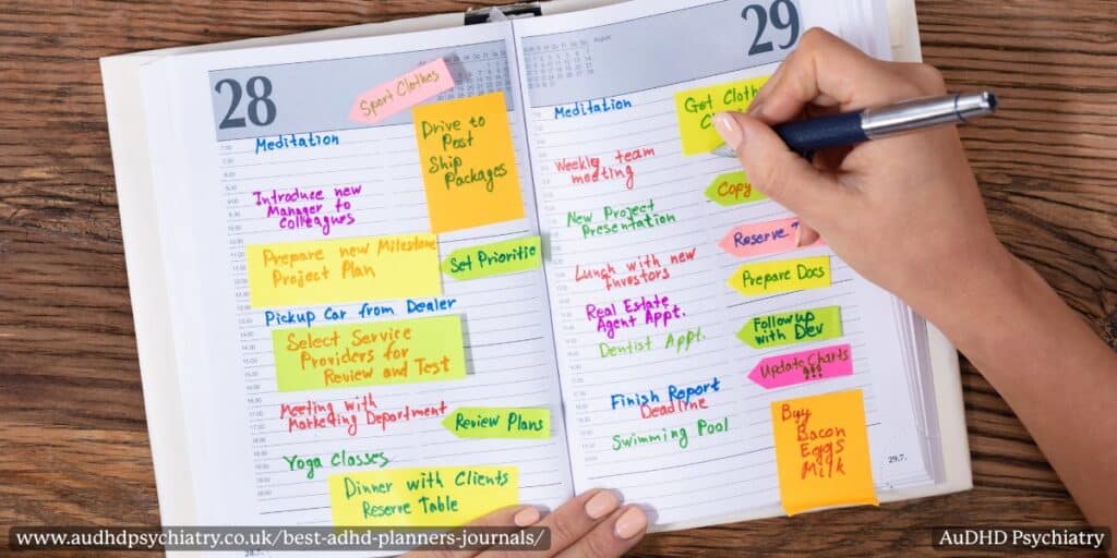 Color-coded ADHD planner with sticky notes and daily tasks.