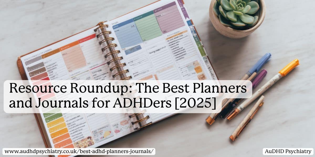 Open ADHD daily planner with colorful pens and weekly schedule.