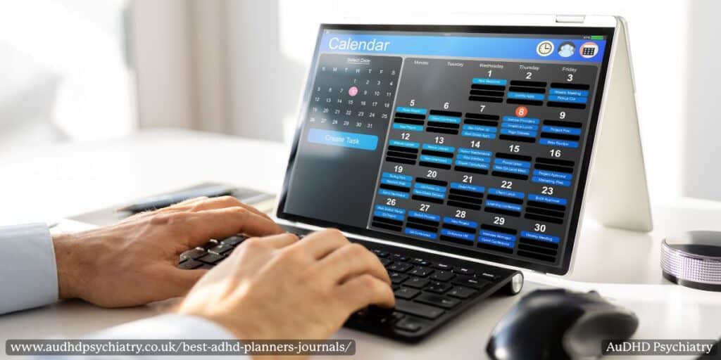 Digital ADHD planner calendar displayed on a laptop screen.