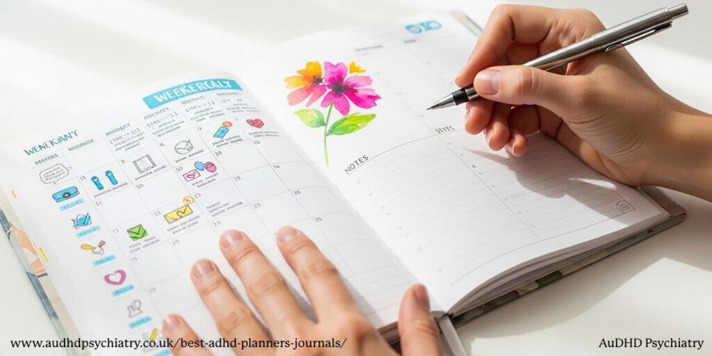Weekly ADHD planner with floral design and notes section.
