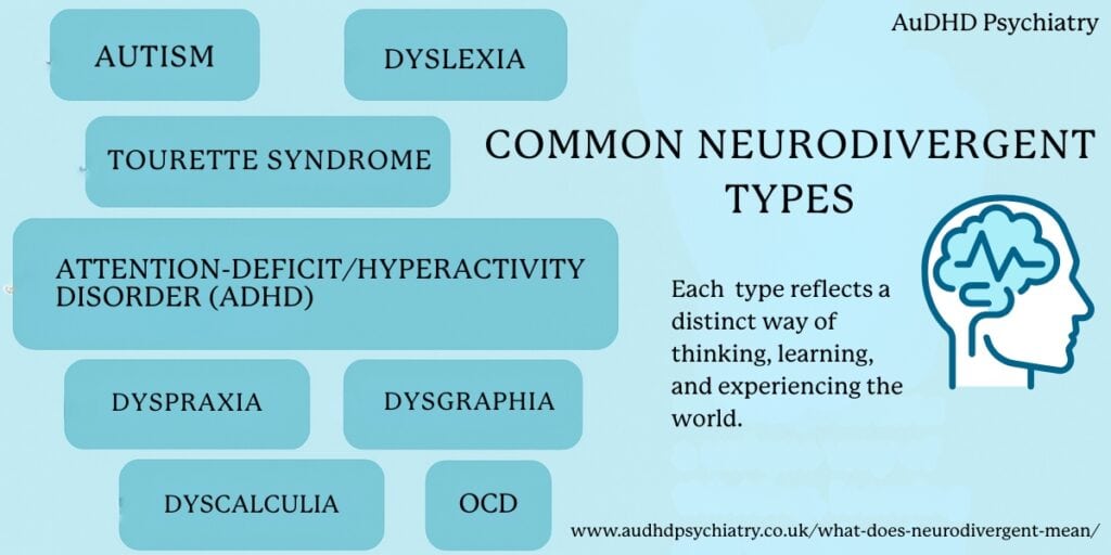 Infographic listing autism, ADHD, dyslexia, dyspraxia, and OCD – common neurodivergent types