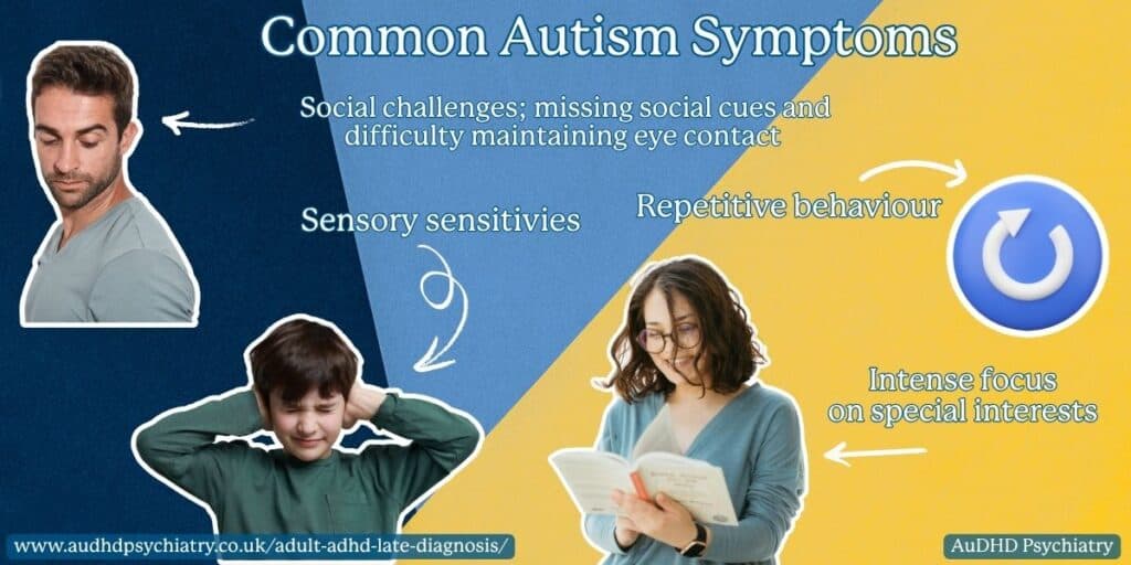 Infographic with sensory sensitivities and social challenges – common autism symptoms