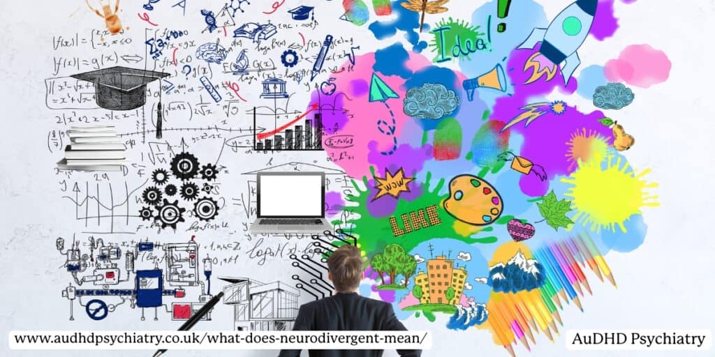 Split image of creativity and logic – illustrating how neurodivergent brains process information differently