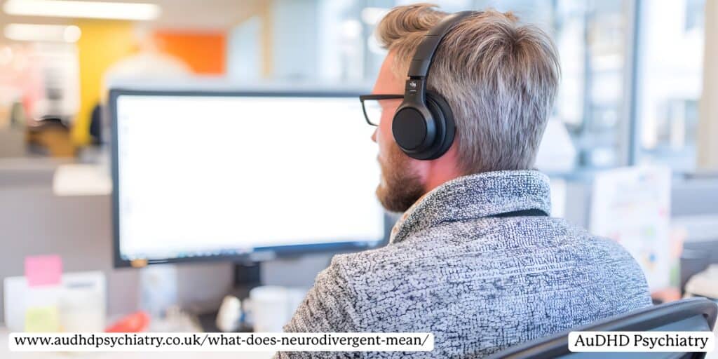 Man with headphones working at desk – workplace adaptations for neurodivergent individuals