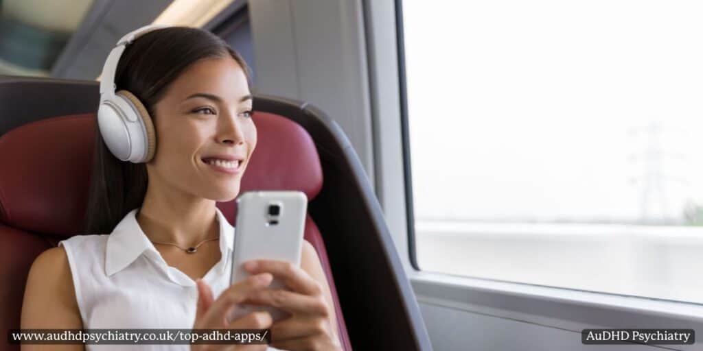 Woman listening to audio on phone – ADHD apps for focus and mindfulness while travelling