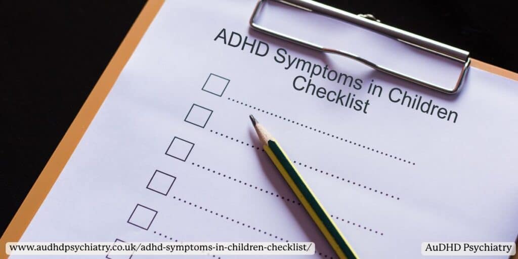 Clipboard with a pencil and a blank ADHD symptoms in children checklist ready to be filled in