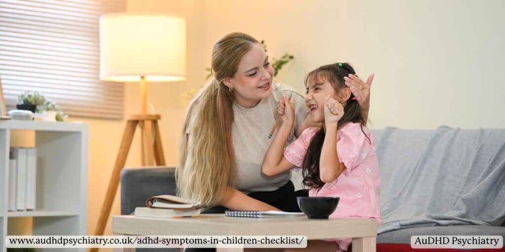 Mother supporting her daughter at home while learning, representing practical use of an ADHD symptoms in children checklist