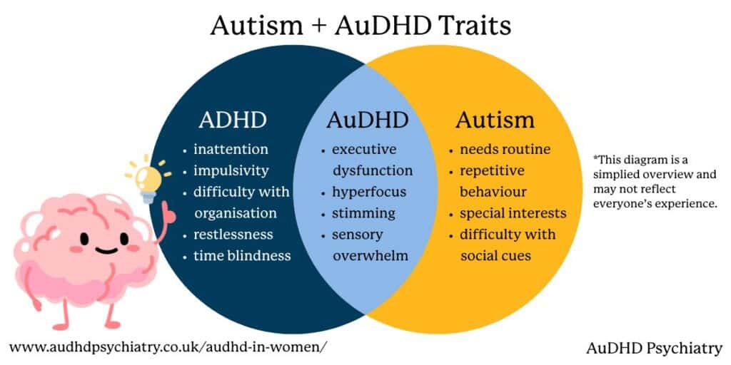 Venn diagram explaining the overlap between ADHD, autism and AuDHD traits commonly experienced by women