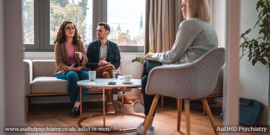 Couple speaking with a therapist during a session about ADHD assessment and support