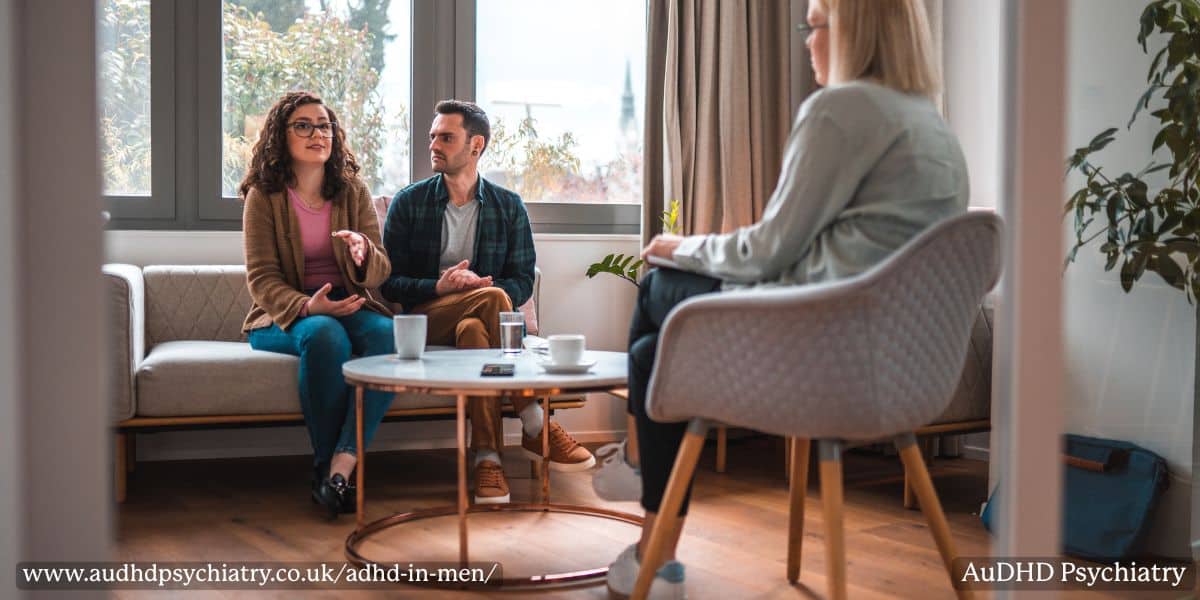 Couple speaking with a therapist during a session about ADHD assessment and support
