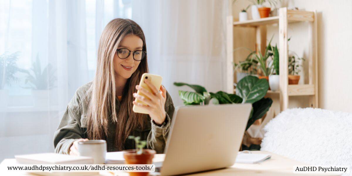 Person using digital ADHD resources tools for cognitive behavioural therapy and mental health support at home