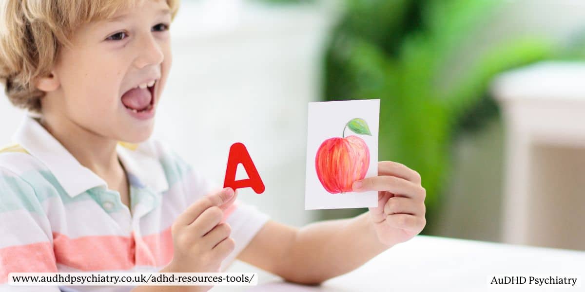 Child learning with flashcards as ADHD resources tools to support memory, language, and attention skills