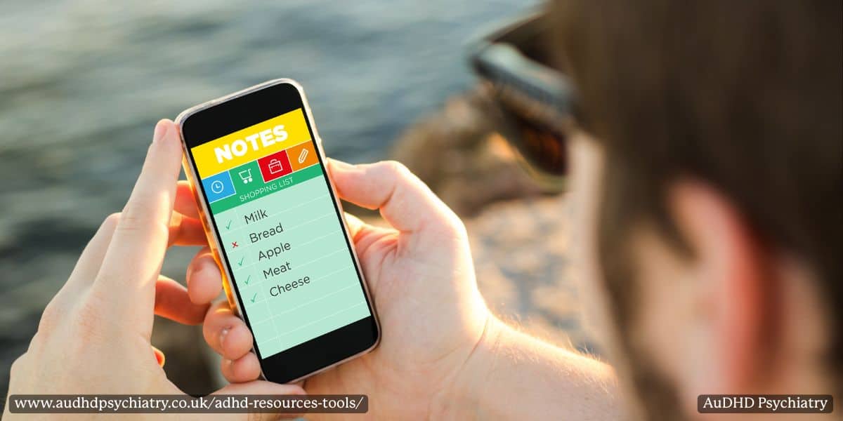 Digital note-taking app displayed as ADHD resources tools for planning, reminders, and task organisation