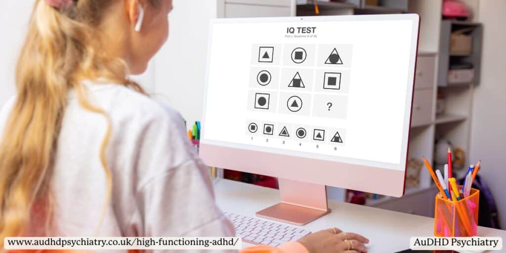 Girl completing an online IQ test on a computer, illustrating cognitive patterns sometimes seen in high functioning ADHD