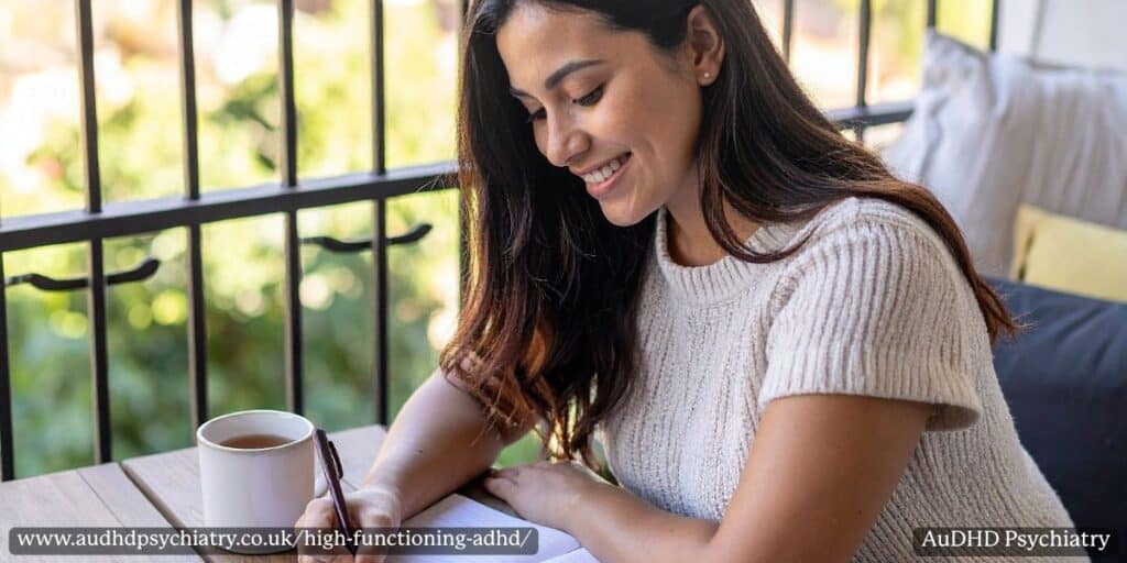 Woman smiling while journaling outdoors with a cup of tea, representing self-management strategies for high functioning ADHD