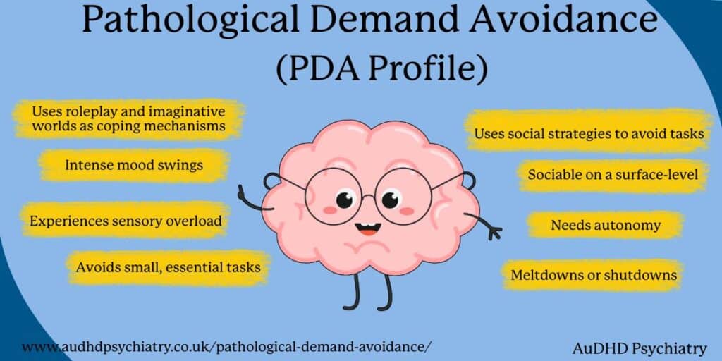 Infographic showing PDA profile traits such as sensory overload, mood swings and task avoidance