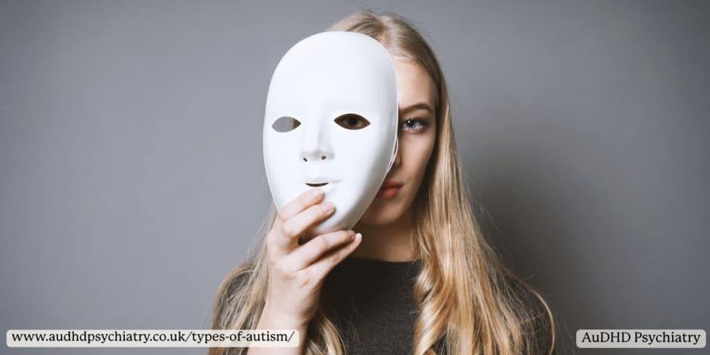 Young woman holding a white mask in front of her face, representing autistic masking often seen across different types of autism