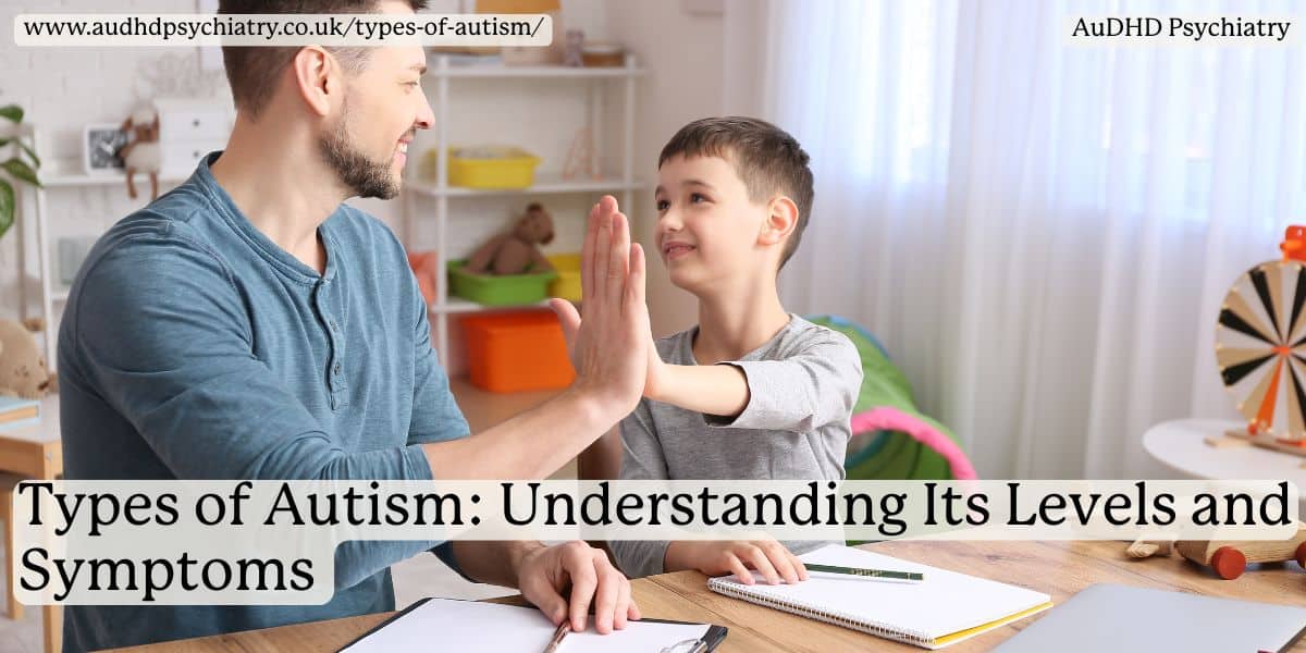 Father and son smiling and giving a high-five during homework time, representing different types of autism and support needs