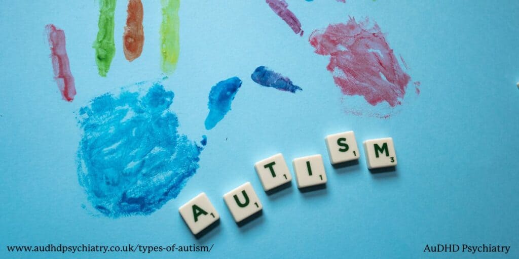 Colourful painted handprints with letter tiles spelling “autism,” symbolising types of autism and neurodiversity awareness