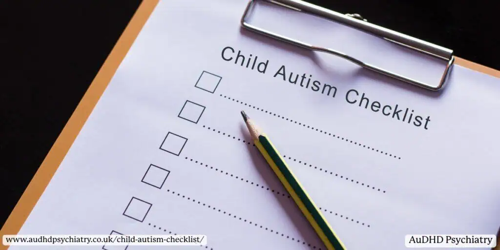 Child autism checklist on a clipboard, representing parent-completed autism screening tools
