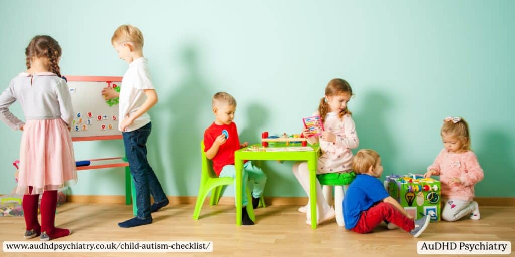 Young children playing together in a nursery setting, showing social interaction differences considered in a child autism checklist