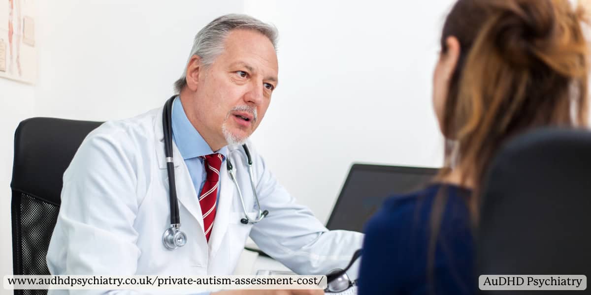 Doctor speaking with an adult patient about the cost and process of a private autism assessment