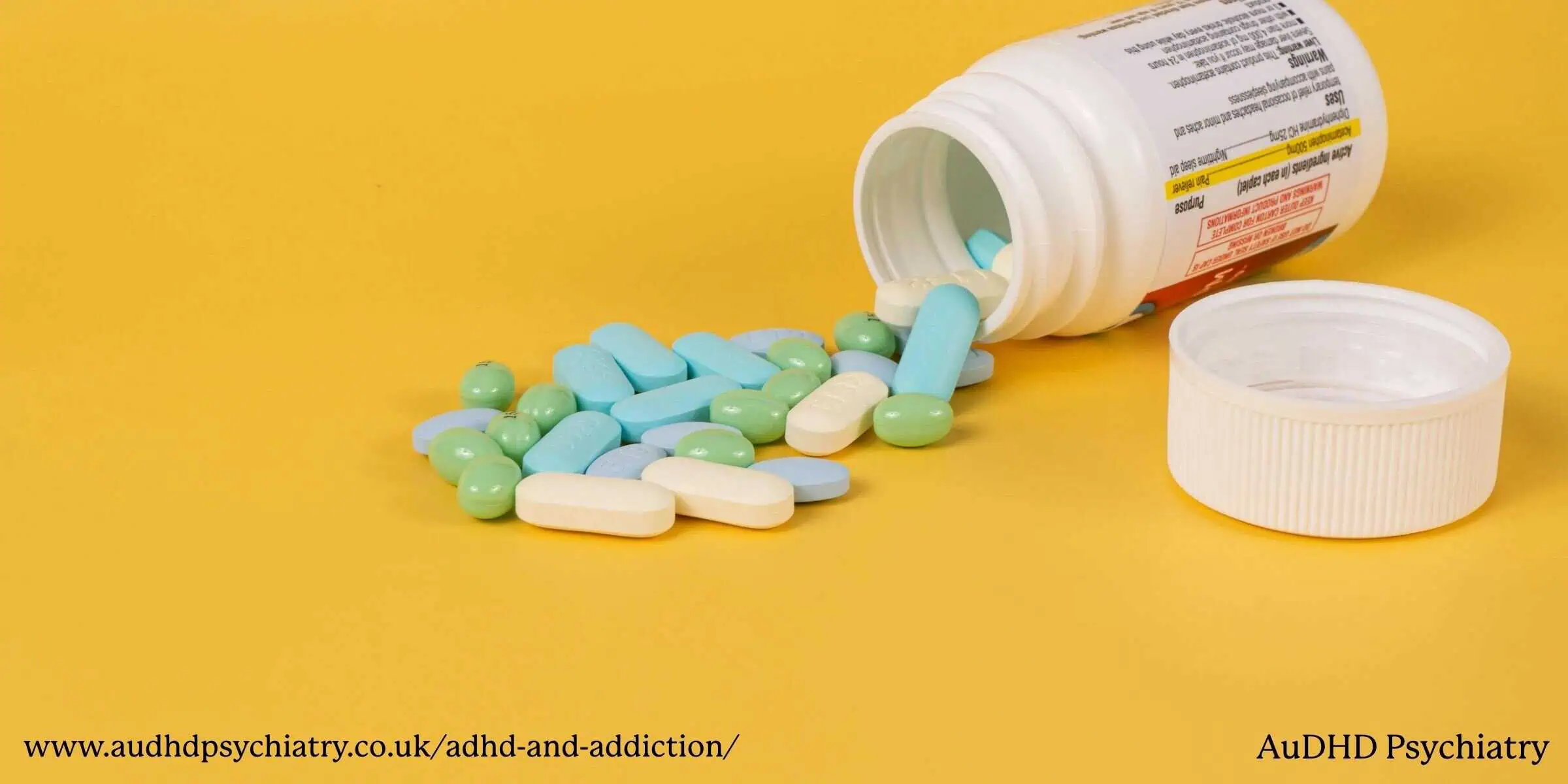 Prescription medication pills spilling from a bottle, representing links between ADHD and addiction to substances