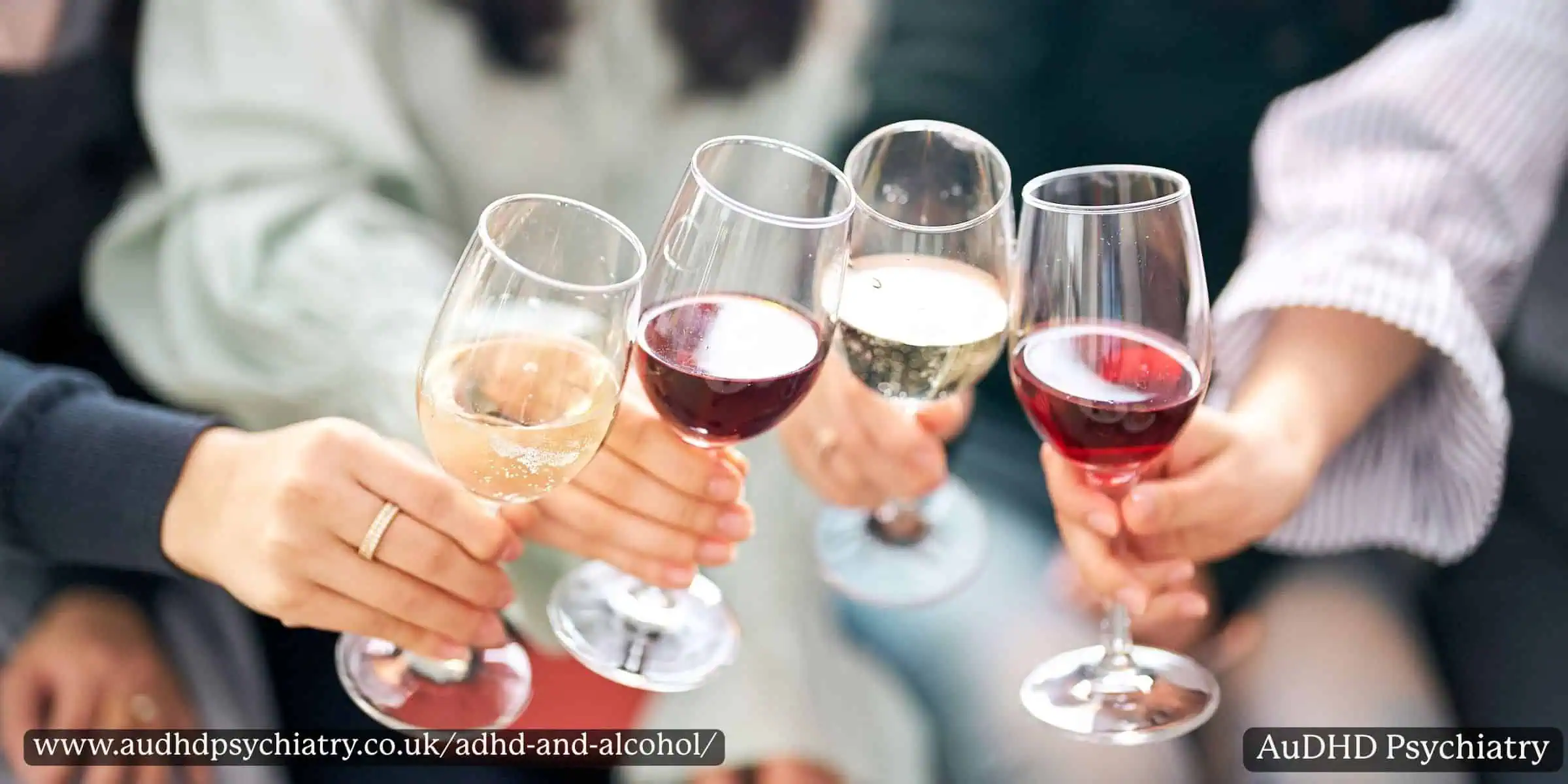 Group of friends clinking wine glasses together, representing social drinking in conversations about ADHD and alcohol