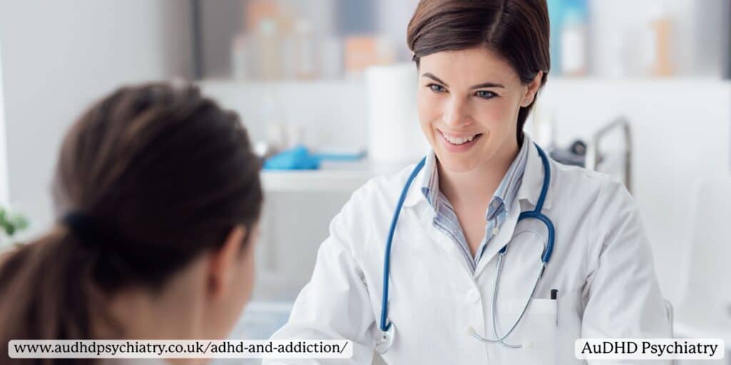 Doctor speaking with a patient during a consultation, representing treatment and support options for ADHD and addiction