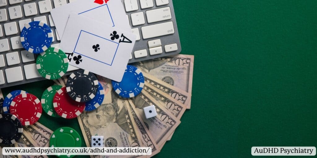 Poker chips, playing cards and cash on a table, symbolising gambling problems sometimes associated with ADHD and addiction