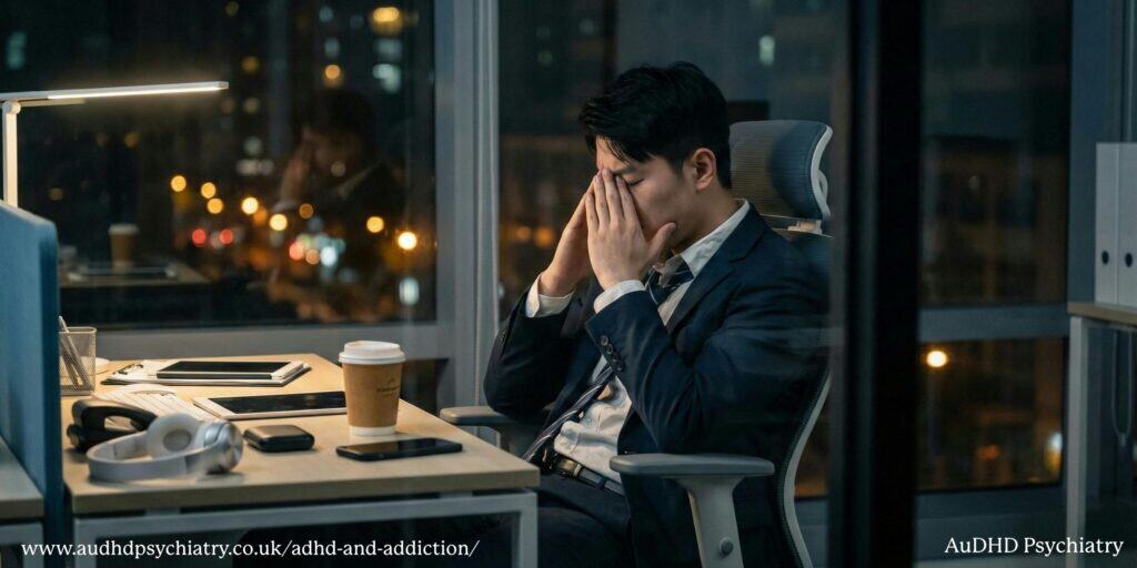 Man sitting at his desk late at night looking overwhelmed, illustrating stress and coping behaviours linked to ADHD and addiction