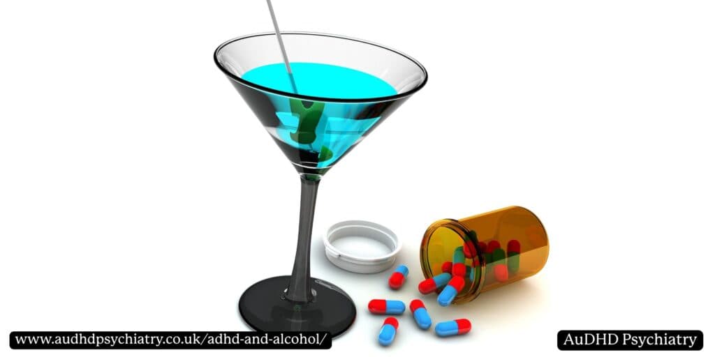 Martini glass beside spilled medication capsules, symbolising dangerous interactions between ADHD medication and alcohol