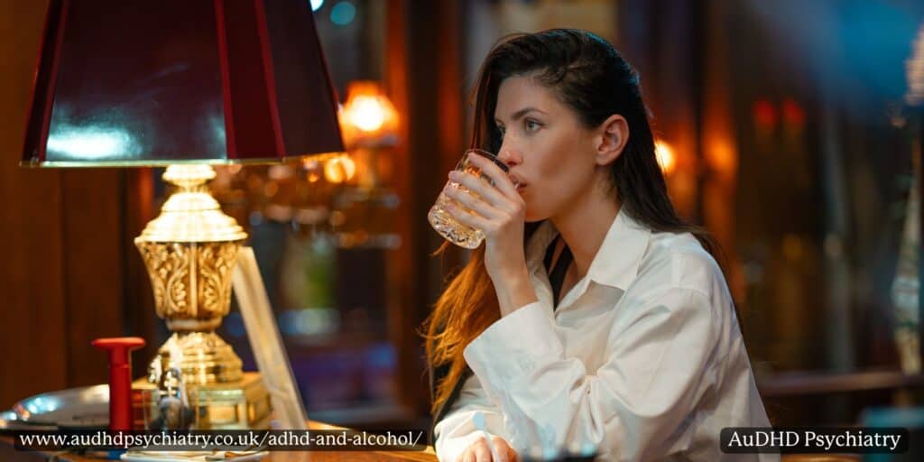 Woman sitting alone at a bar drinking from a glass, illustrating coping behaviours linked to ADHD and alcohol use