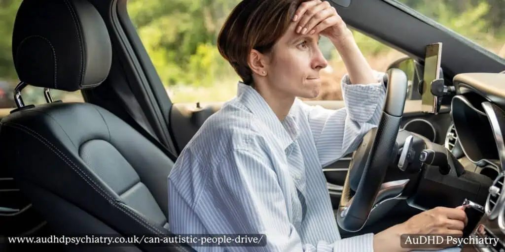 Woman looking stressed behind the wheel, highlighting anxiety some autistic people experience when driving