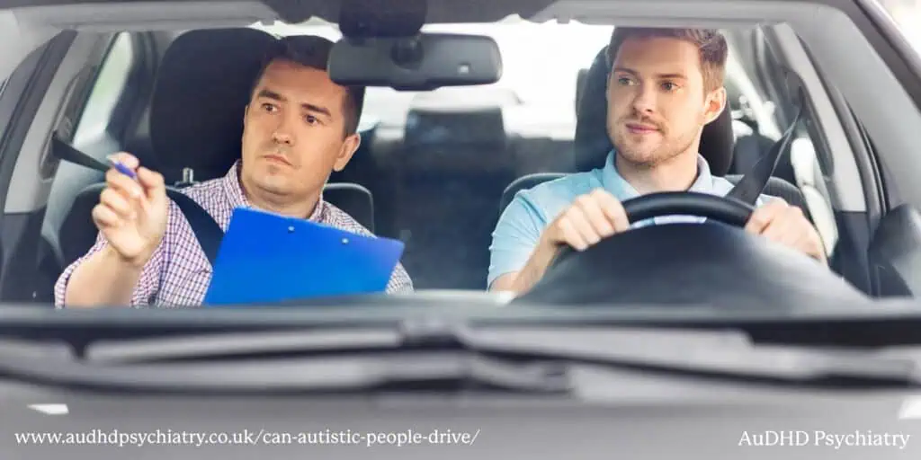 Driving instructor assessing a learner driver, representing support for autistic people learning to drive