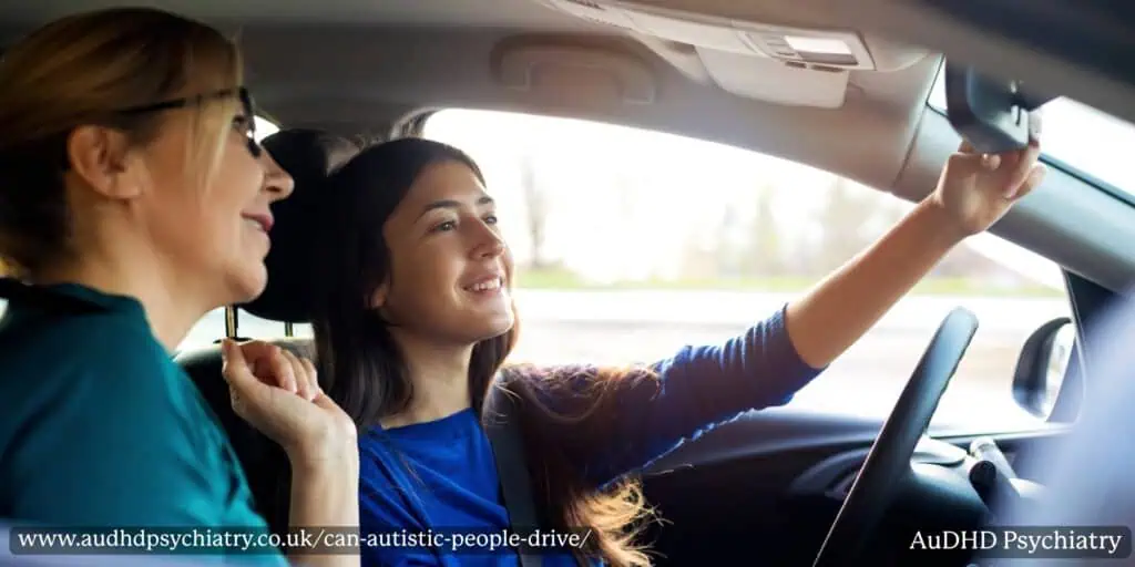 Learner driver adjusting mirror with instructor support, showing guidance for autistic drivers