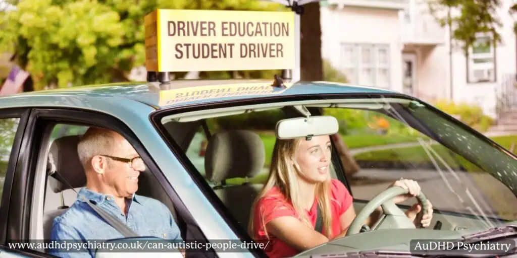 Young driver in a learner car with instructor, representing structured driving education for autistic people
