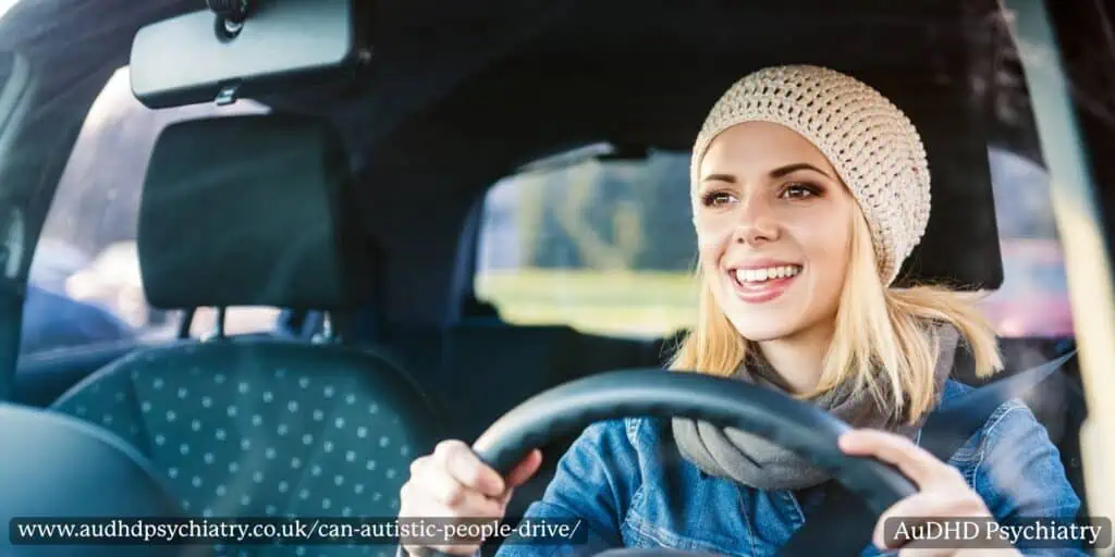 Woman smiling while driving, showing confidence and independence for autistic drivers